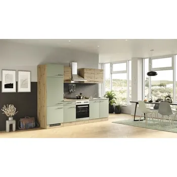 Kuchyňská linka Kuchyňský blok se spotřebiči Flex Well Cara 270 cm barva čela zelená dub matná barva korpusu dub