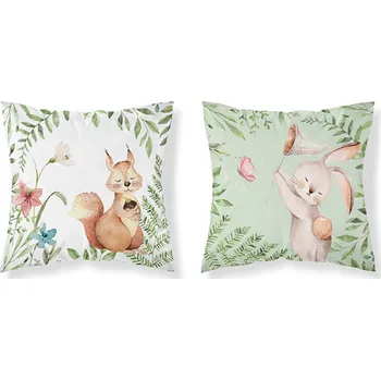 Povlečení Dětský potah na polštář 40x40 cm - Veverka a zajíček / zelená