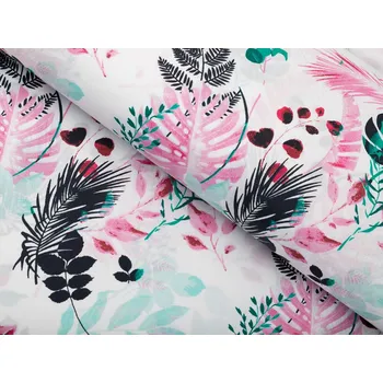 Bavlněná látka/plátno Sandra SA-413 Růžové a zelené tropické listy na bílém - šířka 160 cm