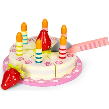 Hra na obchod EcoToys Dřevěný krájecí dort na suchý zip s ovocnými svíčkami sada 16 dílů