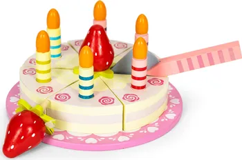 Dřevěná hračka EcoToys Dřevěný krájecí dort na suchý zip s ovocnými svíčkami sada 16 dílů