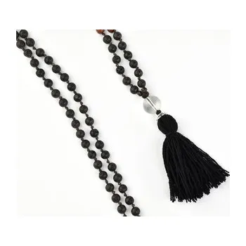 Náhrdelník Asijský růženec lávový kámen s černým střapcem