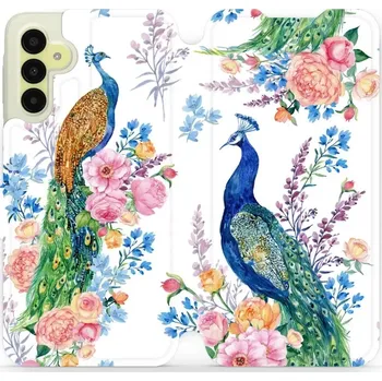 Pouzdro na mobilní telefon Flipové pouzdro Mobiwear - Samsung Galaxy A15 / A15 5G - MX08S Pávi (Knížkové flip pouzdro, obal, kryt na mobil Samsung Galaxy A15 / A15 5G - MX08S Pávi, materiál Umělá kůže + TPU - ochrana 360°, stojánek, silikonová vanička, magnetické zavírání)