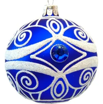 Vánoce Vánoční koule 8cm, modrobílý dekor s modrým kamenem