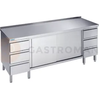 Nerezový dřez Pracovní stůl 1800x700x900 mm, 2 police, blok se 3 zásuvkami, 2 posuvné dveře a pracovní deska se zadním lemem | RILLING, ASS 0718C S3B0