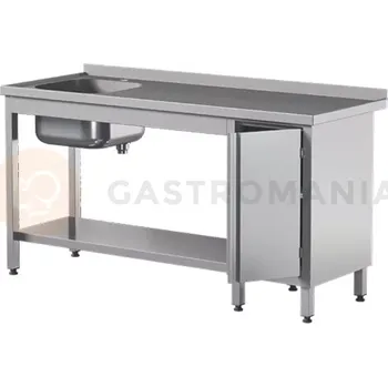 Nerezový dřez Přístěnný nerezový stůl s poličkou, dřezem a skříňkou, s křídlovými dvířky 1000x600x850 mm | ASBER, STW-106/1-PL-L-HD-S