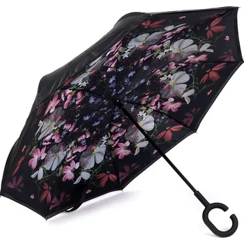 Stoklasa Obrácený deštník dvouvrstvý černý květy