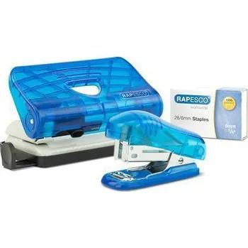 Děrovačka Sada sešívačky a děrovačky, transparentní modrá, 24/6, 26/6, 12 listů, RAPESCO 1719