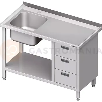 Nerezový dřez Pracovní stůl s dřezem na levé straně, segmentem s 3 zásuvkami a policí 1200x600x850 mm | STALGAST, 982376120
