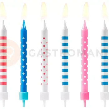 Výroba svíčky Svíčky na dort 6 ks - puntíky a proužky bílo-modro-růžové | PARTYDECO, SCP-3