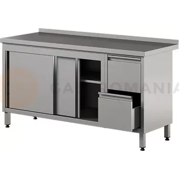 Nerezový dřez Nerezový přístěnný stůl se 2 zásuvkami a skříňkou, posuvné dveře 1400x600x850 mm | ASBER, WM-146-PL-2SD-2DR
