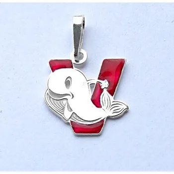 Přívěsek Stříbrný přívěsek písmeno V , velryba - PA1058 červené (Stříbrné písmenko V s velrybou , abeceda)