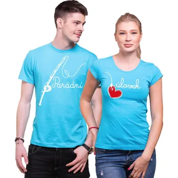 Pánská móda Partnerská trička -Parádní úlovek (srdce) 2ks, Barva látky tyrkysová modrá, Dámské tričko S, Pánské tričko XS