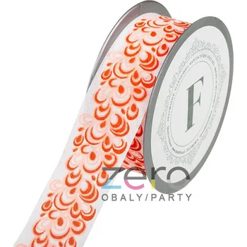 Stuha Stuha tkaná 3,8 cm x 10 m - bílá s růžovo-červenými ornamenty