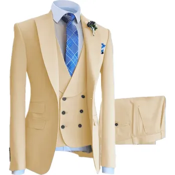 Pánský oblek Luxusní svatební oblek na svatbu s dvouřadou vestou Barva: Šampaňská, Velikost: M