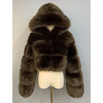 Dámský kožich Krátký kožich chlupatý s kapucí a dlouhým rukávem Barva: Kávová, Velikost: 4XL