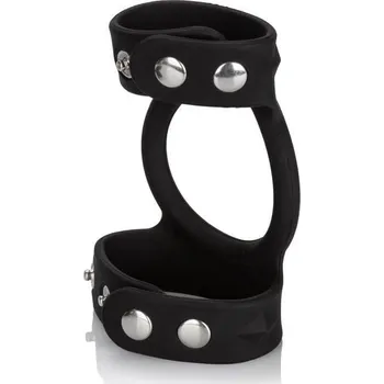 CalExotics Silicone Tri-Snap C & B Cage, černý nastavitelný postroj na penis a varlata