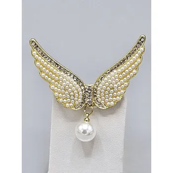 Brož Andělská křídla s perličkou - brož zlatá barva