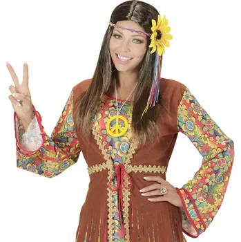 Karnevalová paruka Hnědá hippie paruka s květinovou čelenkou