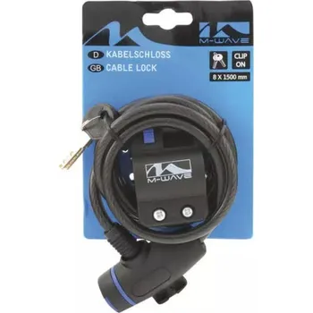 Zámek na kolo Zámek spirála M-WAVE 8x1500mm s Clip-on držákem na sedlovku , kouřový,2 klíče.