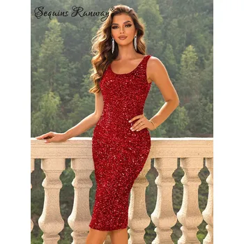 Dámské šaty Midi večerní šaty Sequins SQ783 Barva: Červená, Velikost: S