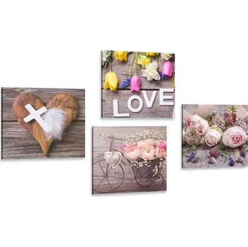 Obraz Dovido Set obrazů klidné zátiší s květinami a křížkem