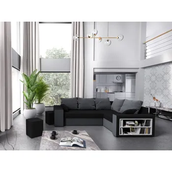 Sedací souprava Rohová sedačka VEJR s knihovnou a taburety, pravá, černá/šedá +možnost VÝNOSU + vyzvednutí ZDARMA