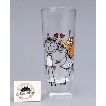 Svatební dekorace Nápojové sklo - štamprle 0,05 l blondýnka, červená srdíčka