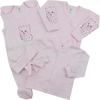Kojenecká souprava 4-dílná soupravička do porodnice Exlusiv pastel růžová pásky medvídek bear