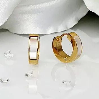 Náušnice Dámské ocelové náušnice kruhy perleť - zlaté