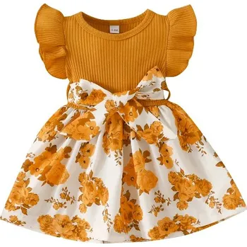 Kojenecké šaty Kojenecké šatičky s mašlí a květovanou širokou sukní Barva: žlutá D, Velikost: 6-9 měsíců