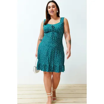 Dámské šaty Trendyol Curve Petrolejové puntíkované tištěné šaty s čtvercovým výstřihem a volánkovým A-liniovým mini střihem Trendyol tyrkysová 2670118