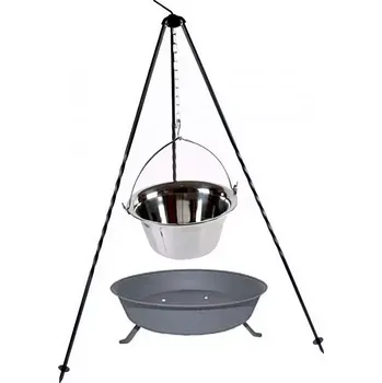 Kempingové nádobí Trojnožka 1 m, kotlík 8 l nerez s ohništěm (trojnožka 1 m s řetízkem a háčkem, kotlík na guláš nerezový Klasik 8 L a zahradní ohniště)