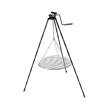 kotlíky Trojnožka černá s kladkou 1,25 m ocelová a rošt 50 cm (grilovací rošt 50 cm na trojnožce s kladkou a pojistkou pro nastavení výšky roštu nad ohněm)