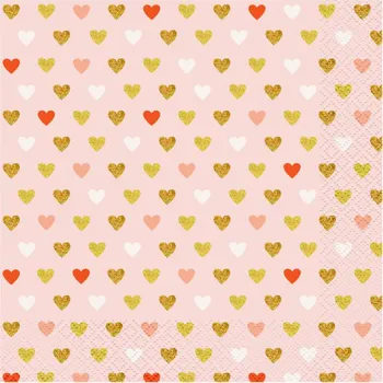 Svatební dekorace Papírové ubrousky růžové - barevná srdíčka 20 ks