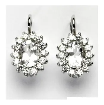 Drahý kámen Zlaté náušnice Kate, bílé i žluté zlato, přírodní křišťál a čiré zirkony - NK 1507 (křišťál 8x6 mm)