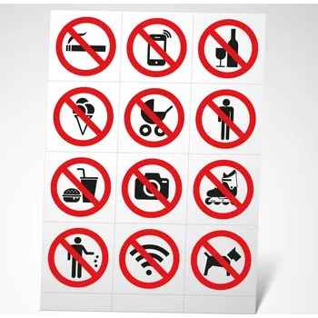 Značení Zákazové symboly na dveře a výlohy, základní set 12 ks na archu Zákazové symboly na dveře a výlohy, základní set 12 ks na archu, samolepka tl. 0,1 mm, Kód: 27037