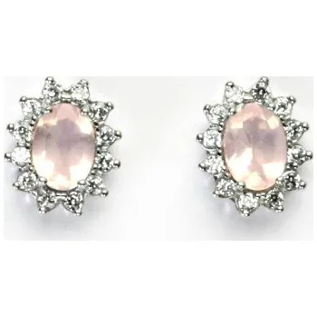 Drahý kámen Zlaté náušnice Kate, bílé i žluté zlato, přírodní růženín, čiré zirkony, NŠ 1480