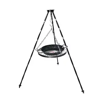 Grilovací rošt Trojnožka černá 1 m, grilovací rošt 35 cm a Paella pánev 28 cm smalt (grilovací rošt s pásovinou 35 cm se smaltovanou Paella pánví 28 cm na trojnožce 1 m)