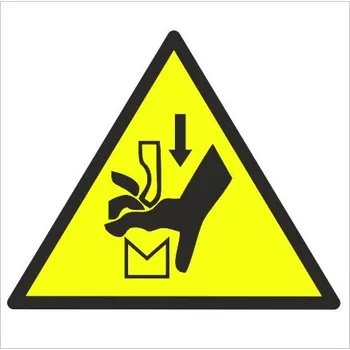 Výstraha - Rozdrcení rukou mezi nástroji ohraňovacím lisu Plast 150 x 150 mm tl. 0.5 mm - Kód: 16430