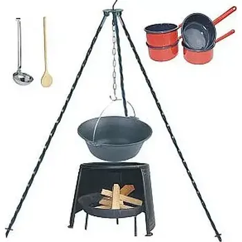 Kempingové nádobí Souprava Full s litinovým kotlíkem 10,8 l (kotlík na guláš 10,8 litru litinový na trojnožce 1,25 m, ohniště a závětří 33 cm, smaltované rendlíky, vařecha a odměrná naběračka nerezová na porci guláše)