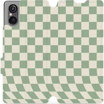 Pouzdro na mobilní telefon Flipové pouzdro Mobiwear - Sony Xperia 5 V - VA58S Zelená a béžová šachovnice (Knížkové flip pouzdro, obal, kryt na mobil Sony Xperia 5 V - VA58S Zelená a béžová šachovnice, materiál Umělá kůže + TPU - ochrana 360°, stojánek, silikonová vanička, magnetick