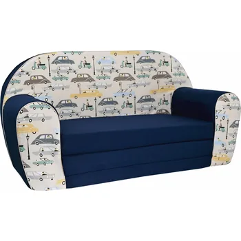 Pohovka Dětská rozkládací MINI pohovka Retro auta - tmavě modrá/krémová