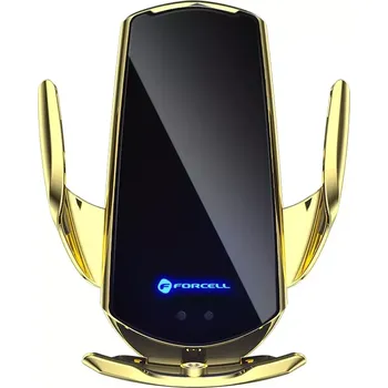 Držák do auta Univerzální držák do auta SMART SENSOR FORCELL HS1 do mřížky ventilace i okno - zlatý - s bezdrátovým nabíjením 15W (Car holder with wireless charging automatic sensor + magnetic adapters FORCELL HS1 15W gold)