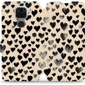 Pouzdro na mobilní telefon Flipové pouzdro Mobiwear - Xiaomi Redmi Note 9 - VA51S Černá srdíčka (Knížkové flip pouzdro, obal, kryt na mobil Xiaomi Redmi Note 9 - VA51S Černá srdíčka, materiál Umělá kůže + TPU - ochrana 360°, stojánek, silikonová vanička, magnetické zavírání)