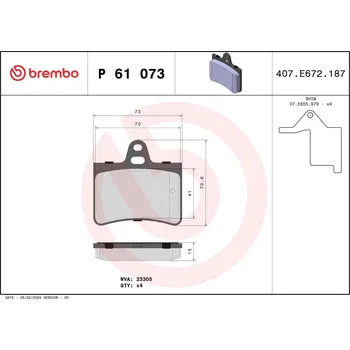 Brzdová destička Sada brzdových destiček, kotoučová brzda BREMBO P 61 073
