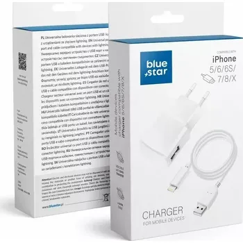 Rozpojitelná nabíječka do sítě Blue Star s konektorem Apple Lightning - USB 1A, bílá (Nabíječka pro iPhone 5/6/6s/7/8/X s odnímatelným kabelem Blue Star)