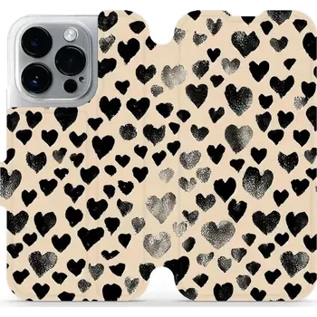 Pouzdro na mobilní telefon Flipové pouzdro Mobiwear - Apple iPhone 14 Pro - VA51S Černá srdíčka (Knížkové flip pouzdro, obal, kryt na mobil Apple iPhone 14 Pro - VA51S Černá srdíčka, materiál Umělá kůže + TPU - ochrana 360°, stojánek, silikonová vanička, magnetické zavírání)