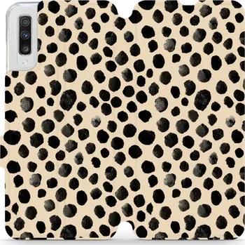 Pouzdro na mobilní telefon Flipové pouzdro Mobiwear - Samsung Galaxy A70 - VA50S Černé puntíky (Knížkové flip pouzdro, obal, kryt na mobil Samsung Galaxy A70 - VA50S Černé puntíky, materiál Umělá kůže + TPU - ochrana 360°, stojánek, silikonová vanička, magnetické zavírání)