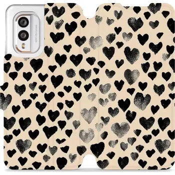 Pouzdro na mobilní telefon Flipové pouzdro Mobiwear - Nokia X30 5G - VA51S Černá srdíčka (Knížkové flip pouzdro, obal, kryt na mobil Nokia X30 5G - VA51S Černá srdíčka, materiál Umělá kůže + TPU - ochrana 360°, stojánek, silikonová vanička, magnetické zavírání)